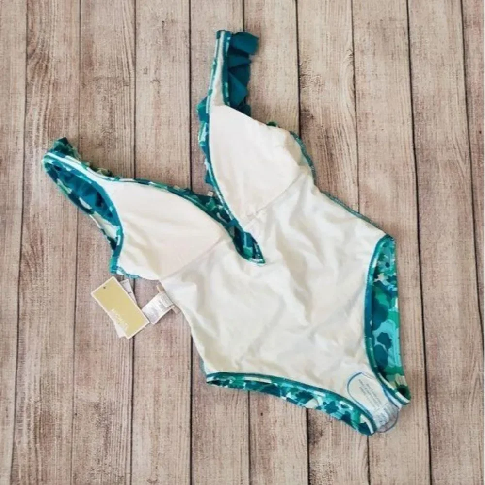 Michael Kors Aqua Blue Floral Plunging Neckline One-Piece Swimsuit Women's